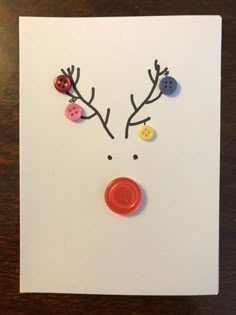 a card with buttons on it and a reindeer's head