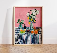 a painting with flowers and fruit in vases on a table next to a pink wall