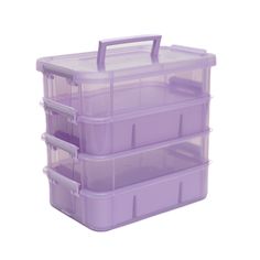 three plastic storage containers stacked on top of each other with lids and handles in purple