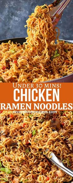 chicken ramen noodle recipe in a skillet with the title overlay that reads, under 30 mins chicken ramen noodles