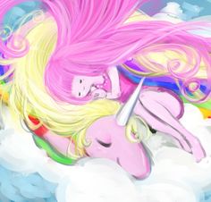 a painting of a pink unicorn laying on top of a cloud with her hair blowing in the wind