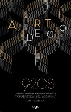 an advertisement for art deco, featuring lines and shapes in gold on black background with the words 1920s written below it