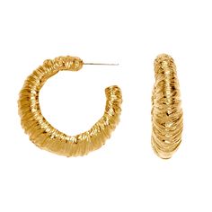 Product Description: Instantly enhance any look with these flawless satin gold pierced wrapped hoop earrings.  Featured in:  Vogue/Netherlands 2018 Chic Gold Small Hoop Wrap Earrings, Gold-tone Metal Hoop Earrings For Evening, Gold Metal Hoop Earrings For Evening, Chic Small Hoop Earrings For Spring, Chic Textured Gold Earrings, Chic Metal Hoop Wrap Earrings, Trendy Gold Hoop Earrings For Spring, Elegant Metal Hoop Earrings For Spring, Evening Hoop Earrings