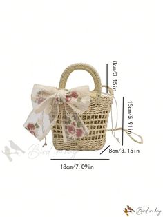 Bird in Bag - Mini Butterfly Bow Decorated Woven Tote Bag with Vacation Accents Summer Bucket Bags As Gifts, Summer Bucket Bag Gift, Summer Bucket Bag For Gift, Summer Style Bucket Bag For Gift, Trendy Summer Satchel Gift, Trendy Summer Satchel As Gift, Trendy Summer Satchel For Gift, Cute Beige Rectangular Satchel, Summer Gift Bucket Bag