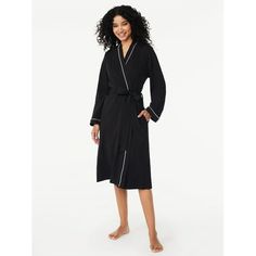 No need to borrow his oversized, too heavy robe -- time to get your own! Joyspun's Knit Robe is so soft in a cotton jersey blend with an easy silhouette that gently wraps you in comfort and style. Contrast piping gives it a stylish finish that coordinates with our matching Joyspun Notch Collar Sleepshirt or Pajama Set (sold separately). Meet Joyspun. A joyful new spin on Secret Treasures. Only at Walmart. Size: M.  Color: Black.  Gender: female.  Age Group: adult. Easy Silhouette, Soft Robes, Womens Kimono, Reebok Women, Long Knit, Contrast Piping, Notch Collar, Womens Robes, Womens Fleece