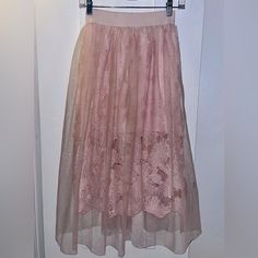 This Beautiful Skirt Has Never Been Worn. It’s Perfect For A Date Night, A Wedding Or A Summer Day Out! Spring Sheer Mini Skirt, Sheer Feminine Skirt For Spring, Feminine Sheer Skirt For Spring, Spring Sheer Maxi Skirt, Spring Sheer Flowy Skirt, Pink Lace Skirt For Spring, Pink Lace Tiered Skirt, Spring Party Lace Skirt, Sheer Maxi Skirt For Spring