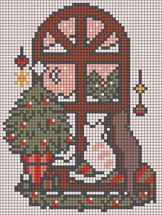 a cross - stitch pattern with a cat and christmas tree in front of a window