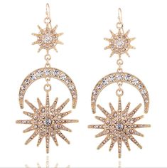 Item Type: Earrings Earring Type: Drop Earring Earring Back Type: Fish Hooks Material: Zinc Alloy, Rhinestone Product Dimensions: 10 x 4.5 cm / 3.94 x 1.77 inch Product Weight: 27 g / 0.06 lbs Package Dimensions: 8 x 6 x 5 cm / 3.15 x 2.36 x 1.97 inch Package Weight: 0.06 kg / 0.13 lbs Package Includes: One Pair of Earrings Vintage Statement Earrings, Punk Earrings, Moon And Star Earrings, Retro Earring, Alloy Earrings, Boho Vintage, Moon Earrings, Rhinestone Earrings, Sun Moon