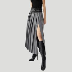 Indulge in ultimate luxury with our Pleated Split Maxi Skirt. Featuring delicate pleats and a flattering split, this skirt is the epitome of elegance. With its flowy silhouette and timeless design, it's perfect for any occasion. Elevate your wardrobe with this premium piece and make a statement wherever you go. Features: -95% Polyester,5% Acrylic -Solid Color -Pleated Design -Regular fit -Simple style Split Maxi Skirt, Free Socks, Free Bracelet, Fashion App, Gray Skirt, Simple Style, Timeless Design, Maxi Skirt, Split