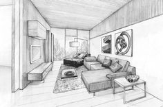 a drawing of a living room with couches, tables and pictures on the wall