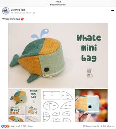 an advertisement for whale mini bag on the facebook page, with photos and instructions to make it