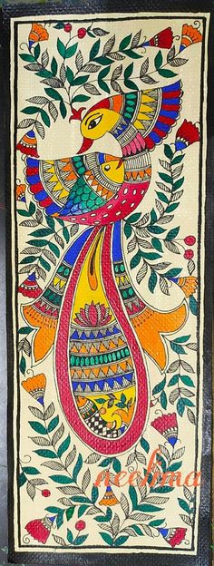 an intricately decorated wall hanging with birds and leaves