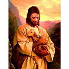 a painting of jesus holding a lamb in his arms