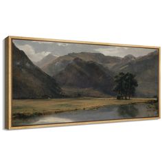 a painting with mountains in the background and a river running through it's center