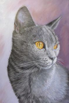 a painting of a gray cat with yellow eyes