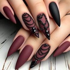 Gothic Nail Art, Vampire Nails, Pink White Nails, Boho Nails, Stiletto Nails Designs, Pretty Nail Designs