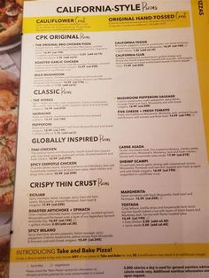 the menu for california style pizza is shown here