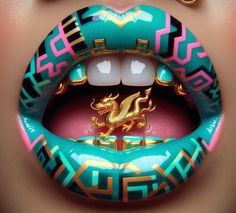 a woman's mouth with an ornate dragon painted on the lip and gold accents