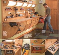 a man standing in front of a workbench with lots of tools on it