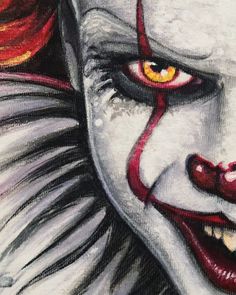 a painting of a clown with yellow eyes and red hair, painted in black and white