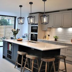 a kitchen with an island and three stools