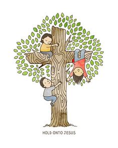 three children climbing up the side of a tree to reach for jesus's cross