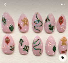 Disney Nails Thanksgiving, Almond Gingerbread Nails, Cake Frosting Nails, Nontraditional Christmas Nails, Funny Bunny Christmas Nails, Christmas Stamp Nails, Fun Christmas Nails Acrylic, Simple Gingerbread Nails, Sugar Cookie Nails