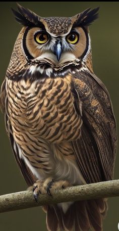 an owl sitting on top of a tree branch looking at the camera with yellow eyes