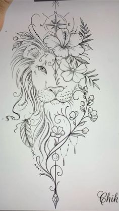 a drawing of a lion with flowers on it's head and an arrow in the middle