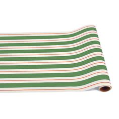 a green and white striped wrapping paper on a white background with an orange stripe in the middle