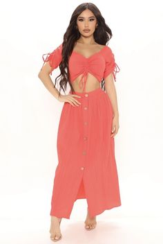 Fashion Nova Mandy Maxi Skirt Set Size X-Small Coral. ACTUAL MEASUREMENT TOP Off Shoulder: 17” Chest: 13”-14” Laid Flat, 26”-28” Round Unstretched Full Length: 9” BOTTOM SKIRT Waist: 12.5” Laid Flat, 25” Round Full Length: 35” PRODUCT DETAILS *Available In Coral. *Skirt Set *Crop Top *Short Ruched Sleeves *Ruched top *Adjustable Drawstring *Maxi Skirt *Button Front *Half Lined *Non Stretch *Self: 55% Rayon 42% Polyester 3% Spandex *Lining: 100% Polyester *Imported Smoke and Pet Free Home. All it Trendy Solid Color Skirt For Vacation, Coral Fashion, Coral Skirt, Maxi Skirt Set, Janet Guzman, Ruched Top, Spring Collection, Matching Sets, Fashion Nova