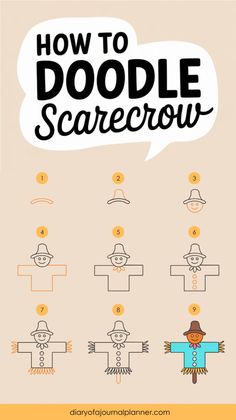 Not sure where to start with a scarecrow cartoon or scarecrow doodle? This fall drawings tutorial makes it easy to learn how to draw a scarecrow step by step, from scarecrow faces to fun details for Halloween spreads. Click to try this scarecrow drawing idea and save it for journaling! Scarecrow Doodle, Scarecrow Cartoon, Scarecrow Faces, Scarecrow Drawing, How To Doodle, Beginners Drawing, Scarecrow Face, Doodle A, Fall Drawings