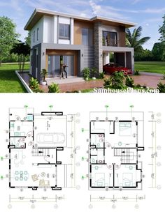 11x7m  36x23ft  3Bed  3Bath  2 Storey modern house design full layout floor plan 2 Storey Modern House, House Plans For Sale, Three Story House, Shed House Plans, House Extension Plans, Drummond House Plans, Basement House Plans, Southern Living House Plans