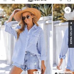 Brand New With Tags, Woven Linen Material Oversized Summer Tops For Daytime, Oversized Tops For Summer Daytime, Chic Blue Shirt For Beach, Casual Blue Blouse For Beach Season, Chic Blue Shirt For The Beach, Collared Tops For Daytime In Summer, Oversized Long Sleeve Shirt, Oversized Button Down Shirt, White Top Women