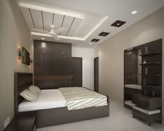 a bedroom with a large bed and brown cabinets