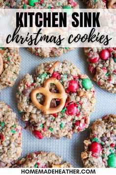 christmas cookies with pretzels on top and the words, kitchen sink christmas cookies