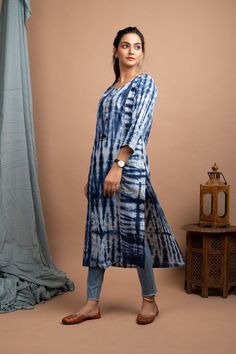 women's outfit| tie dye Kurta| blue Kurta set Tie Dye Kurta, Cotton Suit Designs, Linen Pants Outfit, Magenta Dress, Cotton Kurti Designs, Blue Tie, White Tie, Blue Ties, Blue Tie Dye