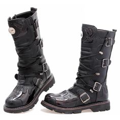 Gothic Punk Boots, Motorcycle Boots, Riding Boots, Knee-High Boots, Lace Up Boots. Genuine Leather Boots. Combat Boots, Biker Boots, Punk Boots, Gothic Boots. Black Men's Boots. Get ready to hit the road with these Funki Buys combat motorcycle boots! Made of real leather and designed with a round toe and low chunky heel, these boots are perfect for any season - from punk rock to winter wonderland. Plus, they're handcrafted for that extra touch of unique style. Don't forget to lace them up for th Punk High Ankle Moto Boots For Winter, Punk Style High Ankle Moto Boots For Winter, Winter Punk High Ankle Moto Boots, Biker Moto Boots For Outdoor Fall, Biker Moto Boots For Outdoor Use In Fall, Biker Style Moto Boots For Outdoor In Fall, Punk Style Steel Toe Moto Boots For Winter, Winter Combat Boots With Rivets For Streetwear, Fall Streetwear Moto Boots With Steel Toe