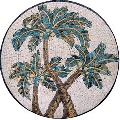 a round mosaic with two palm trees on it's sides and blue, gold and white colors