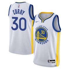 When the Golden State Warriors hit the court, your youngster will be ready to watch Stephen Curry lead the team to victory when they have this Swingman jersey from Nike. With a bold Association Edition build and Dri-FIT technology, this jersey lets them show support in comfort with an authentic on-court design. Imported Swingman Fabric applique Jersey Color Style: Association Dri-FIT technology wicks away moisture Officially licensed V-neck Material: 100% Polyester Rubberized heat sealed graphic White Sleeveless College Jersey, Varsity Basketball Jersey For Sports Season, White Varsity Basketball Jersey, Nike Team Spirit Jersey For Sports Events, Nike Team Jersey With Logo, Nike Team Jersey For Team Events, Nike Team Spirit Jersey With Team Logo, White Basketball Jersey For Sports Season, Sportswear Jersey With Team Logo For Sports Season