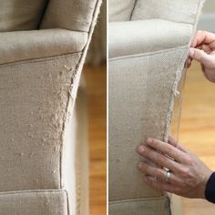 two pictures of someone removing upholstering the back of a couch with their hands