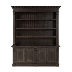 an old wooden bookcase with two doors on the front and one door open, against a white background