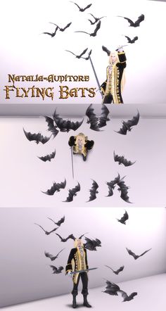 an image of bats flying in the air with a man standing on one side and birds flying around