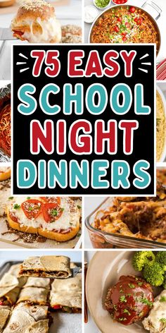 several different pictures with the words, 7 easy school night dinneres on them and images of various food items