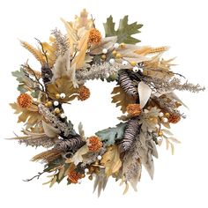 a wreath with pine cones, leaves and other foliages is shown on a white background