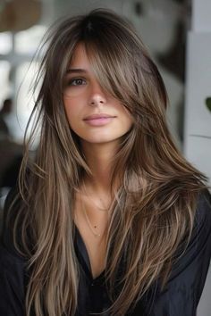 Best Layers For Long Hair, Full Layers Long Hair With Curtain Bangs, Bangs With Long Face Shape, Hair Simple Updos, Hair Up Long Bangs, Long Fringes For Long Hair, Long Brown Hair Fringe, Long Hair Color Inspiration, Long Sideswept Bangs Long Hair