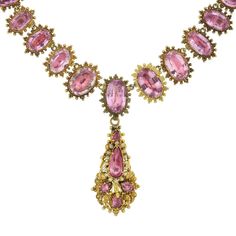 For Sale on 1stDibs - A demi-parure, 'parure' meaning 'adorn' in French, is a partial set of matching jewelry designed to be worn en suite. This incredible handcrafted pink Pink Topaz Necklace, Regency Jewelry, Riviera Style, Fruit Necklace, Iron Jewelry, Georgian Jewelry, Art Nouveau Pendant, Pearl And Diamond Necklace, Garnet And Gold