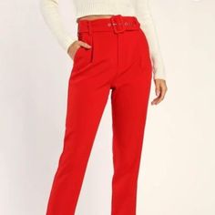 New, With Tags On. Size Small, Red, Lulus Red High-waisted Pants With Belt Loops, Chic Red Bottoms With Belt Loops, Chic Red Pants With Belt Loops, Fitted Red Pants With Belt Loops, Fitted Red Bottoms With Belt Loops, Paper Bag Waist Pants, Lulu Pants, Black Dress Trousers, Slacks Trousers