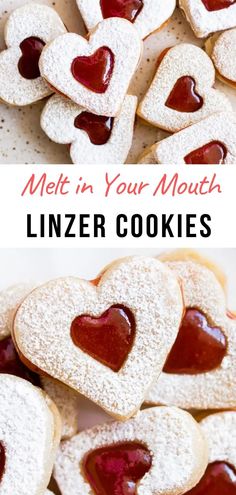 heart shaped cookies with jelly in them and the words melt in your mouth