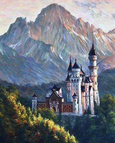 an oil painting of a castle in the mountains